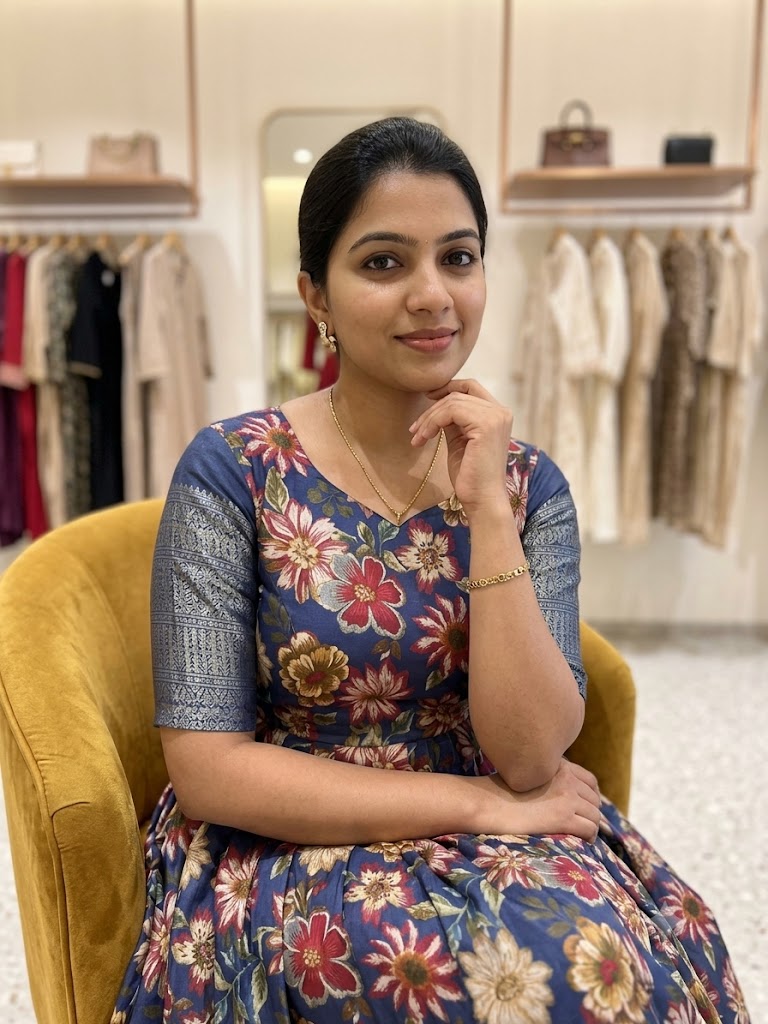 Women's Navy Blue Floral Cotton Anarkali Gown | Elegant Ethnic Wear - Image 2