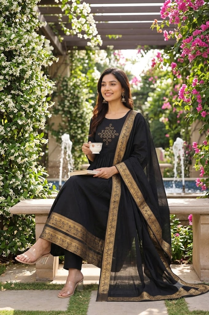 Black Silk Cotton Kolam Anarkali Kurta Set with Pant & Dupatta | Fully Stitched Ethnic Wear - Image 4