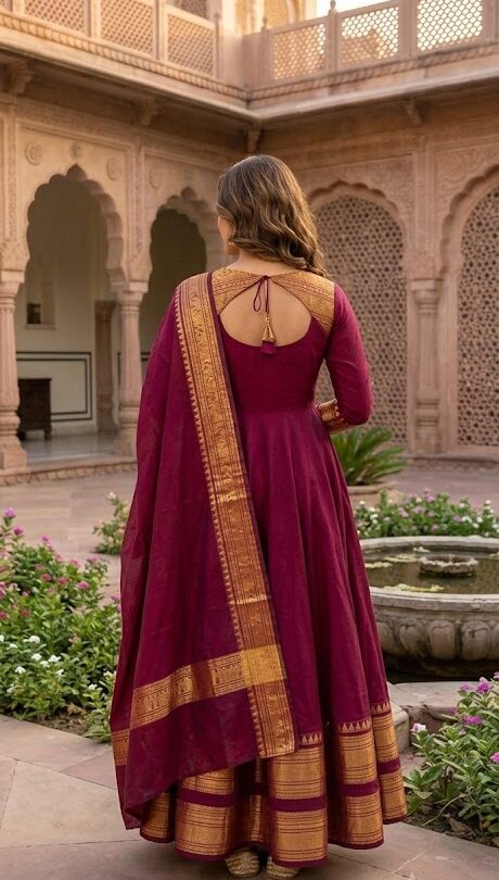 Maroon Silk Cotton Anarkali Set with Dupatta for Women - Image 2
