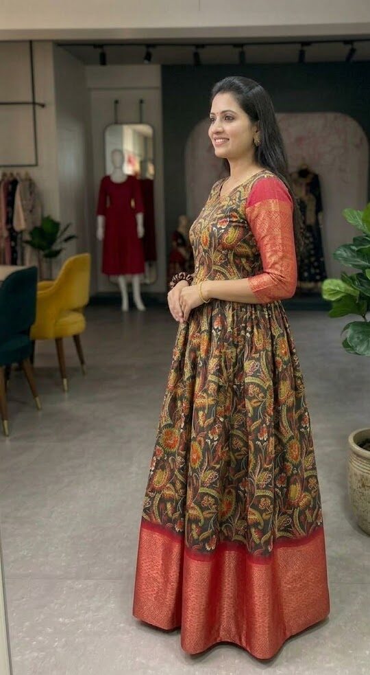 Women's Black & Rust Orange Kalamkari Cotton Flared Anarkali Gown | Traditional Ethnic Long Dress | Festive & Party Wear - Image 3